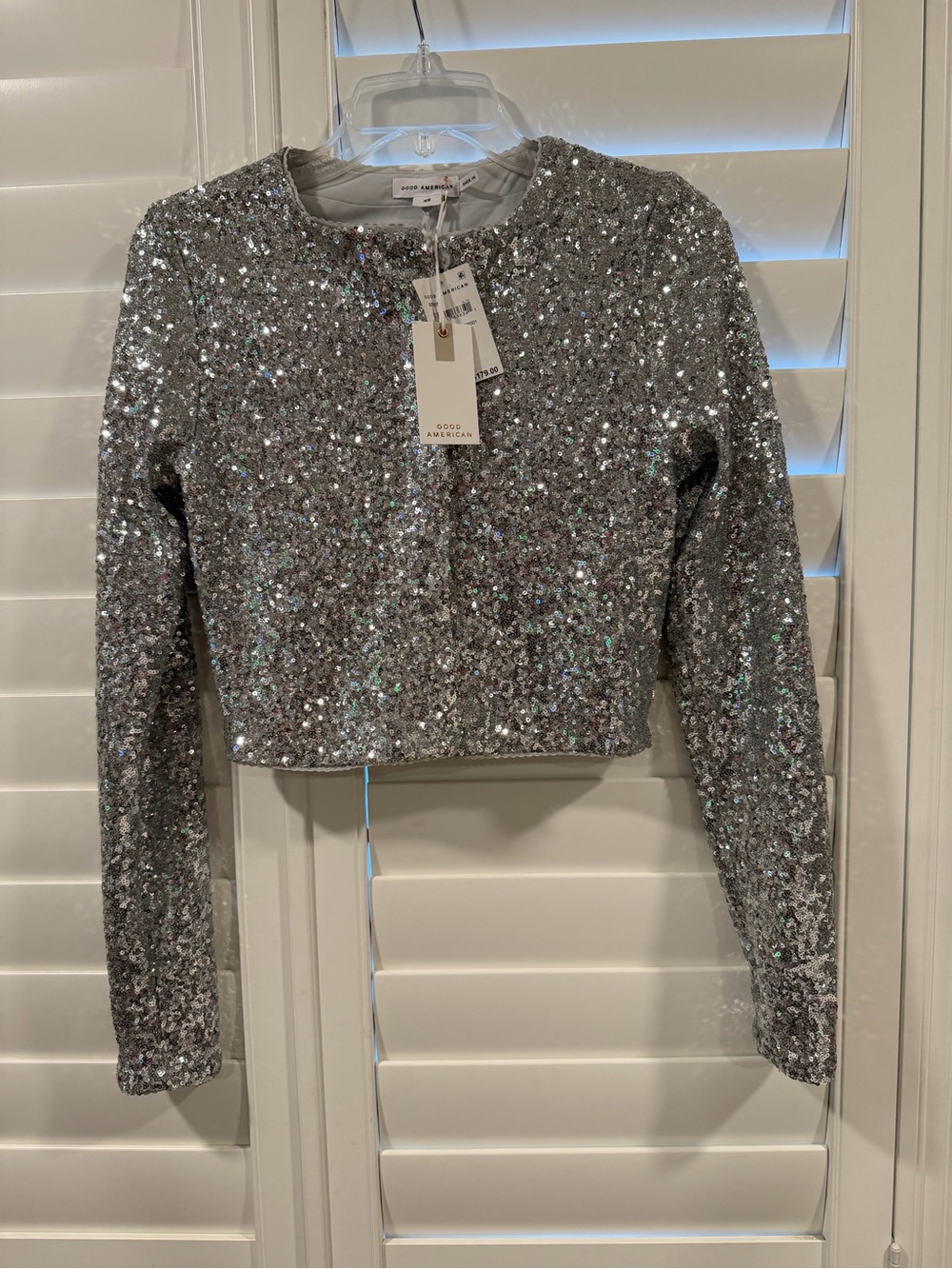 Good American Silver Sequin Crop Top Jacket